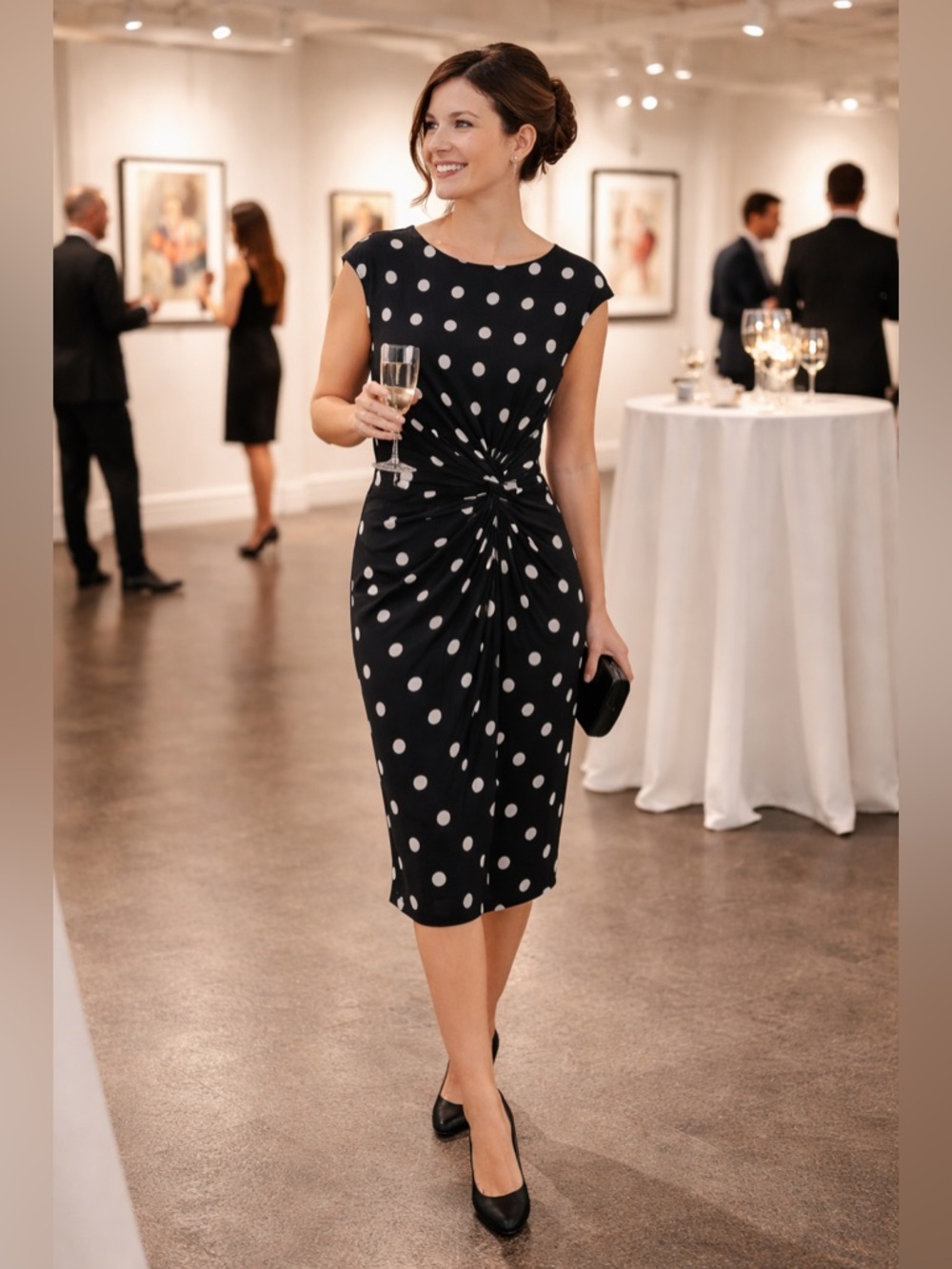 Ralph Lauren Black White Polka Dot Midi Dress Size 10 Ruched Waist Elegant Chic